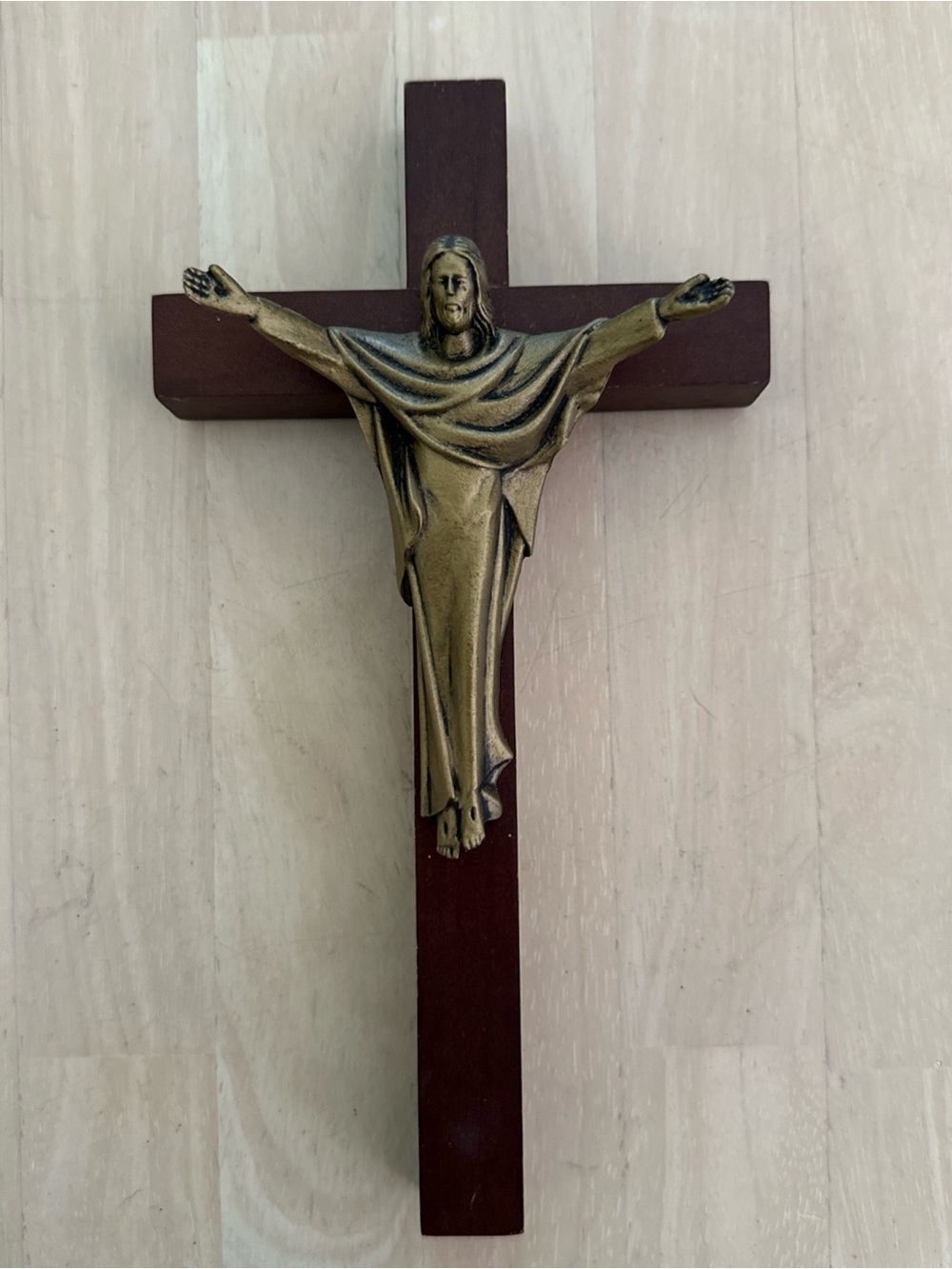 Wood Cross Crucifix 8" Bronze-Toned Cast Metal Corpus Robed Arms  Raised Vintage